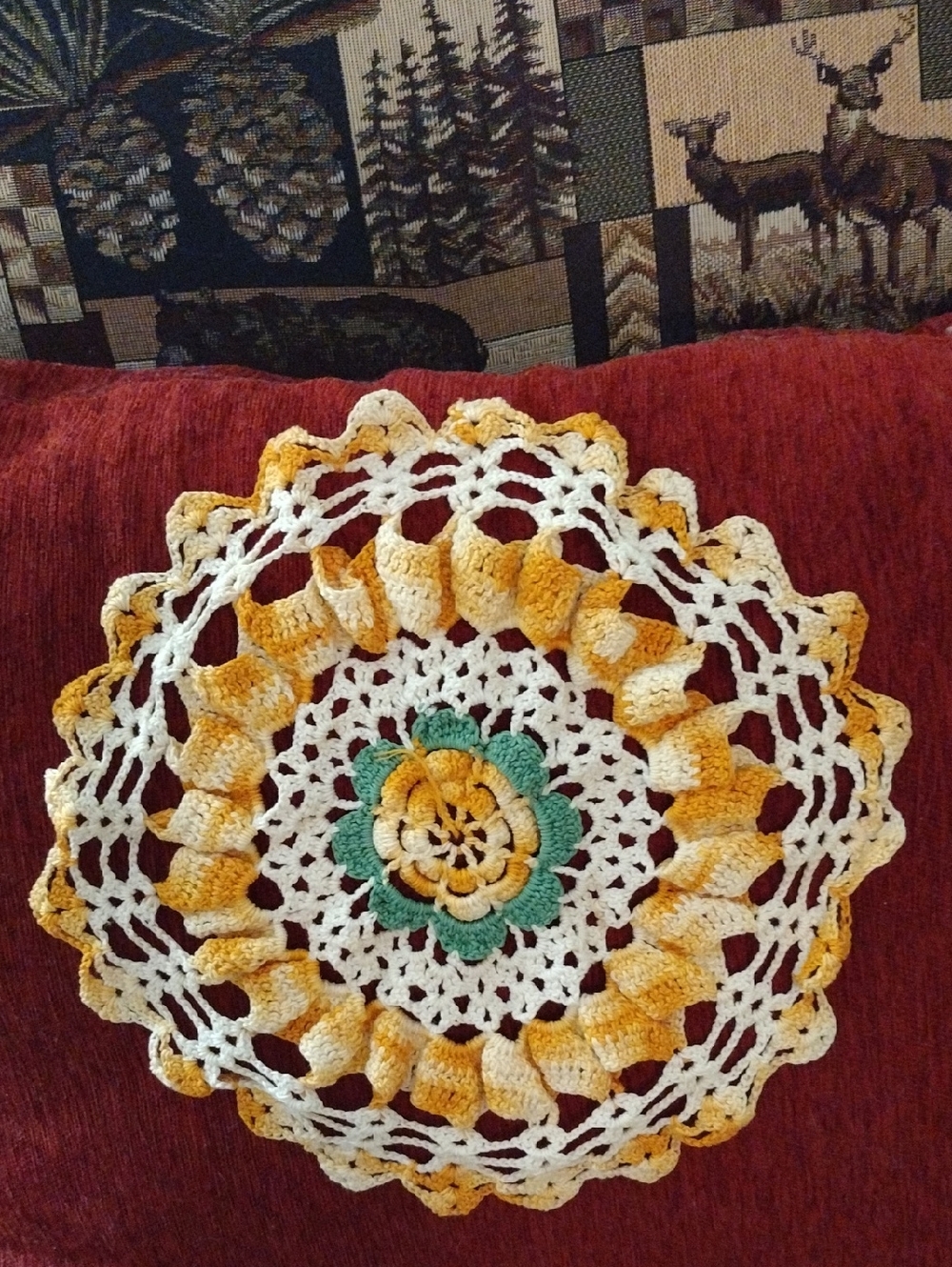 Handmade Crochet Doily in Yellow, White & Green 11" x 11" Made in 1930's